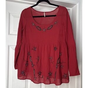 Free People Deep Red Boho Beaded Tiered Ruffle Shirt Top XS EUC 100% Cotton